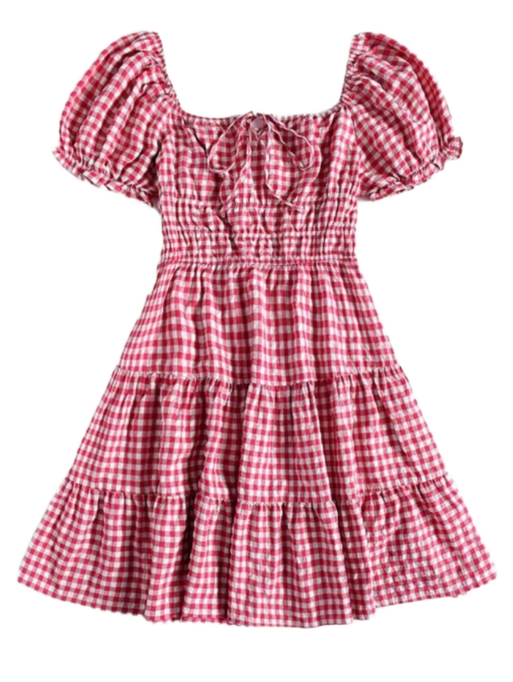 COTTAGECORE RED WHITE GINGHAM SMOCKED MINI DRESS SIZE SMALL/ MEDIUM - Picture 2 of 8